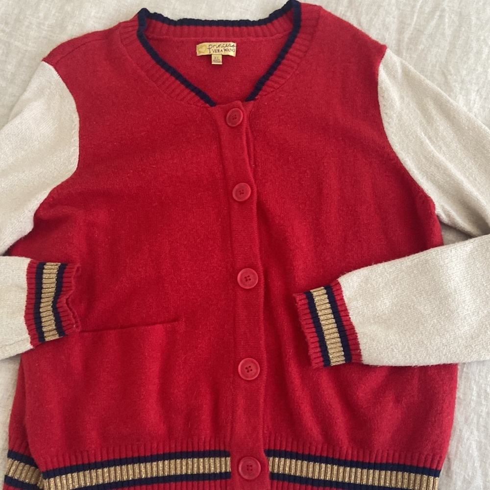 Princess Vera Wang red/navy/gold colorblock varsity button front cardi jr XL